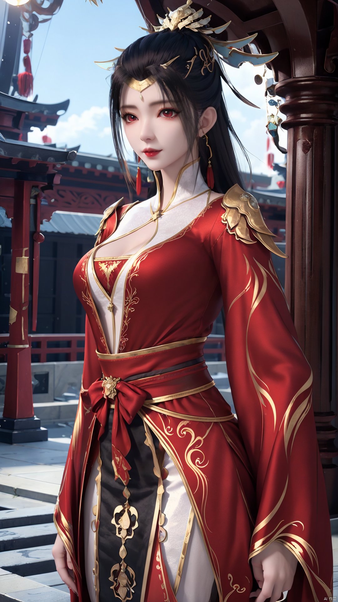 1girl, red dress, solo, hair ornament, black hair, chinese clothes, earrings, dress, jewelry, long sleeves, long hair, mischevious smile, perfect body, scenery, sharp focus, best quality, masterpiece, detailed outfit, illustration, perfect eyes, finely detailed beautiful anime eyes, realistic skin, intricate details, best lighting, depth of field, ultra high resolution,cowboy_shot, dynamic pose, dynamic angle,