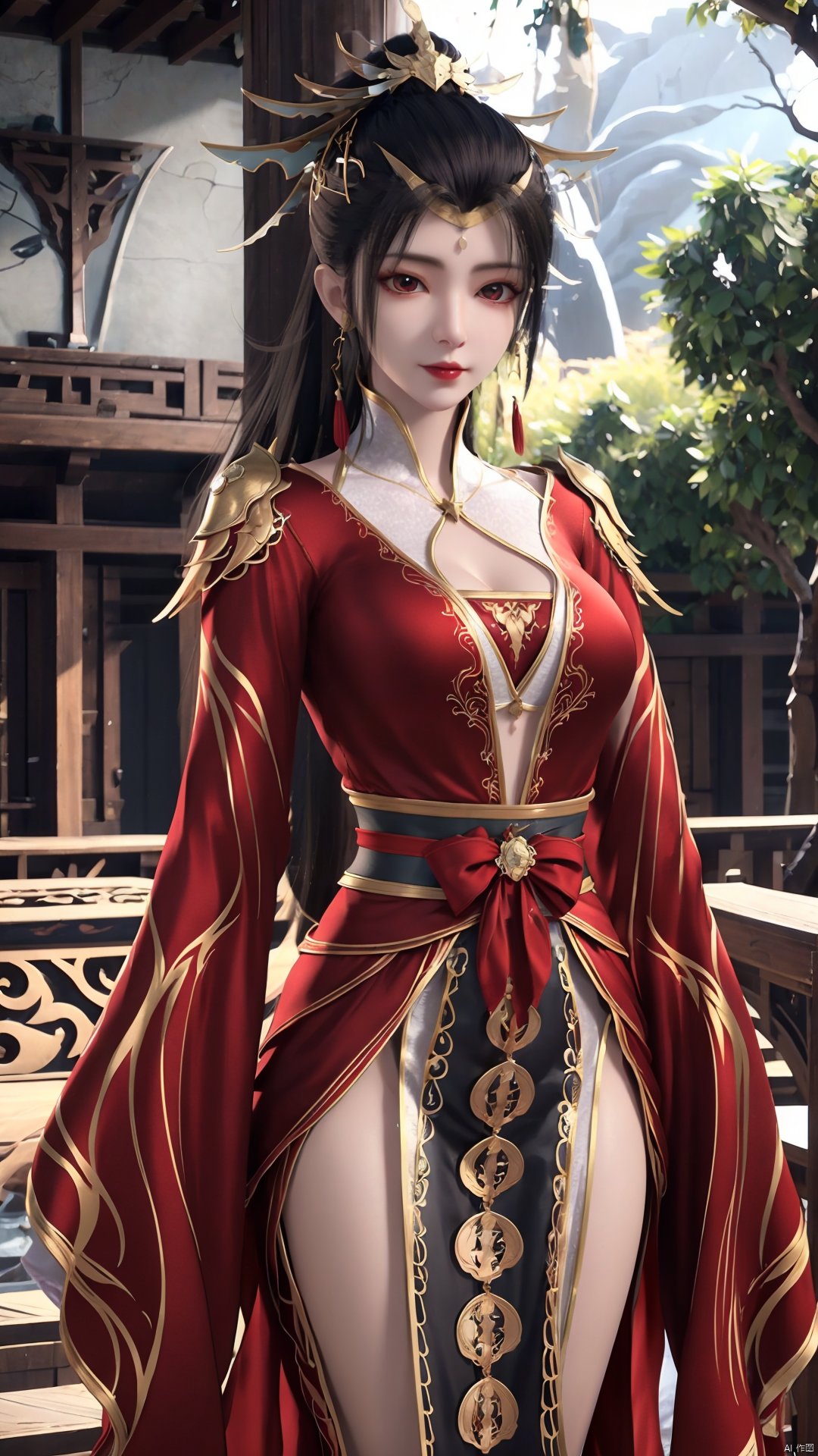 1girl, red dress, solo, hair ornament, black hair, chinese clothes, earrings, dress, jewelry, long sleeves, long hair, mischevious smile, perfect body, scenery, sharp focus, best quality, masterpiece, detailed outfit, illustration, perfect eyes, finely detailed beautiful anime eyes, realistic skin, intricate details, best lighting, depth of field, ultra high resolution,cowboy_shot, dynamic pose, dynamic angle,