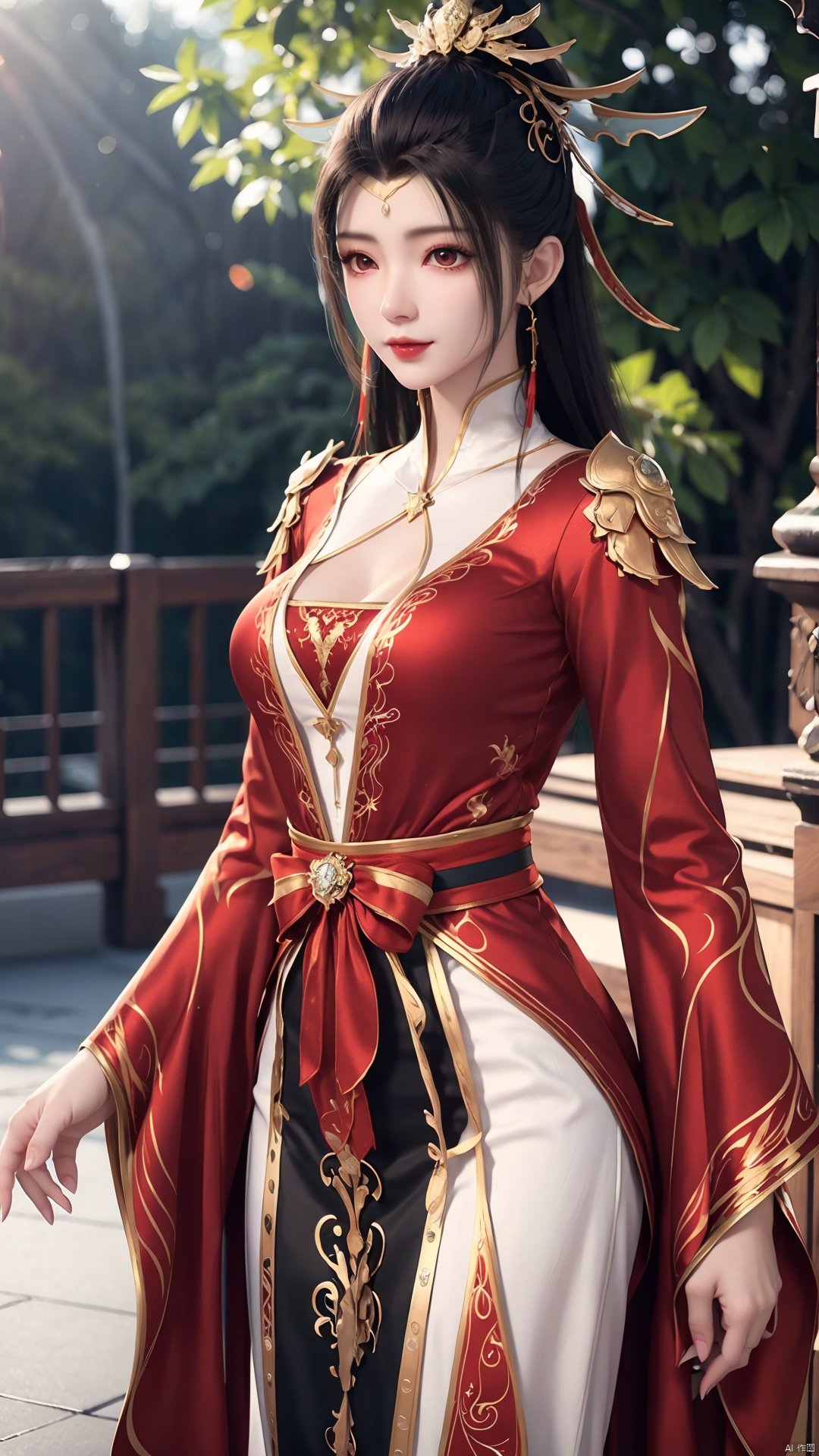 1girl, red dress, solo, hair ornament, black hair, chinese clothes, earrings, dress, jewelry, long sleeves, long hair, mischevious smile, perfect body, scenery, sharp focus, best quality, masterpiece, detailed outfit, illustration, perfect eyes, finely detailed beautiful anime eyes, realistic skin, intricate details, best lighting, depth of field, ultra high resolution,cowboy_shot, dynamic pose, dynamic angle,