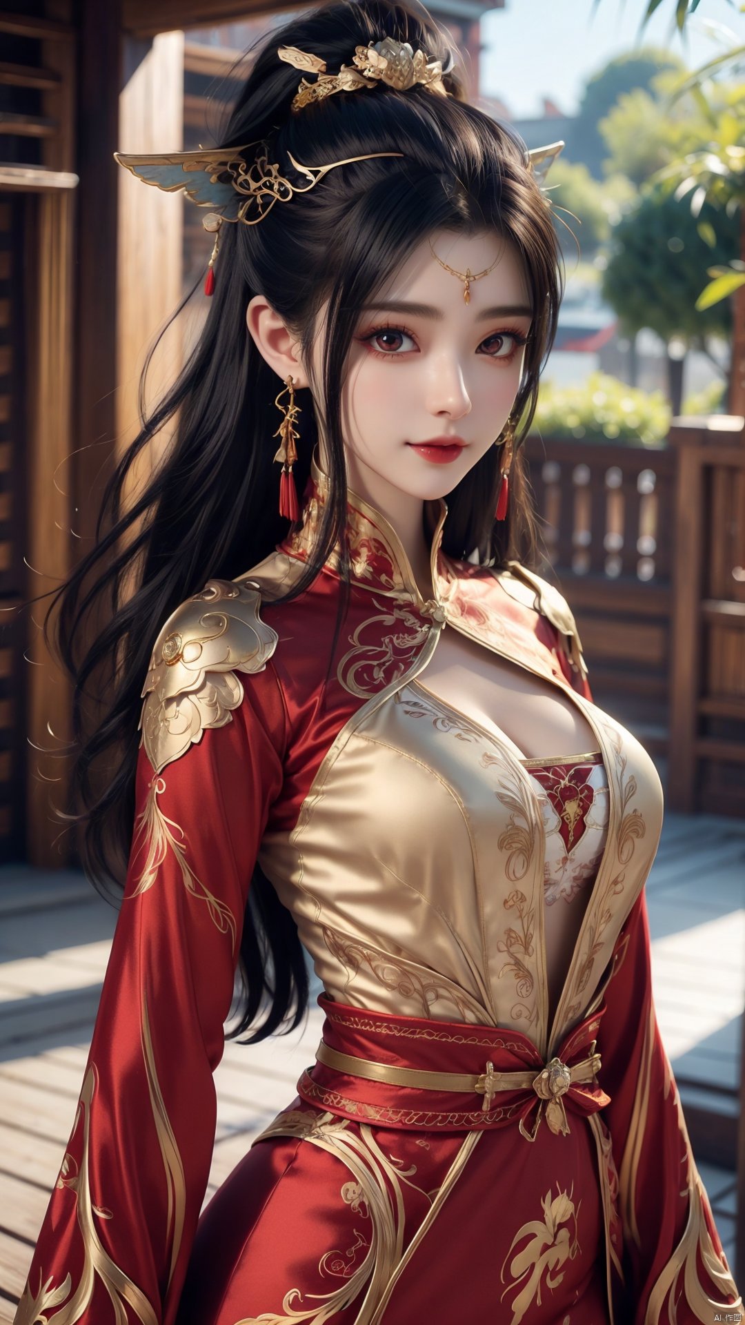 1girl, red dress, solo, hair ornament, black hair, chinese clothes, earrings, dress, jewelry, long sleeves, long hair, mischevious smile, perfect body, scenery, sharp focus, best quality, masterpiece, detailed outfit, illustration, perfect eyes, finely detailed beautiful anime eyes, realistic skin, intricate details, best lighting, depth of field, ultra high resolution,cowboy_shot, dynamic pose, dynamic angle,