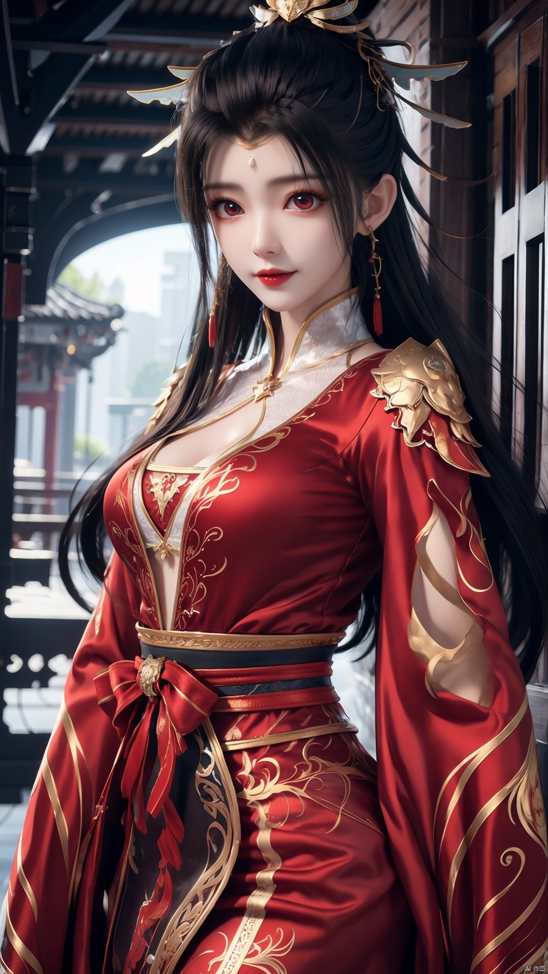 1girl, red dress, solo, hair ornament, black hair, chinese clothes, earrings, dress, jewelry, long sleeves, long hair, mischevious smile, perfect body, scenery, sharp focus, best quality, masterpiece, detailed outfit, illustration, perfect eyes, finely detailed beautiful anime eyes, realistic skin, intricate details, best lighting, depth of field, ultra high resolution,cowboy_shot, dynamic pose, dynamic angle,