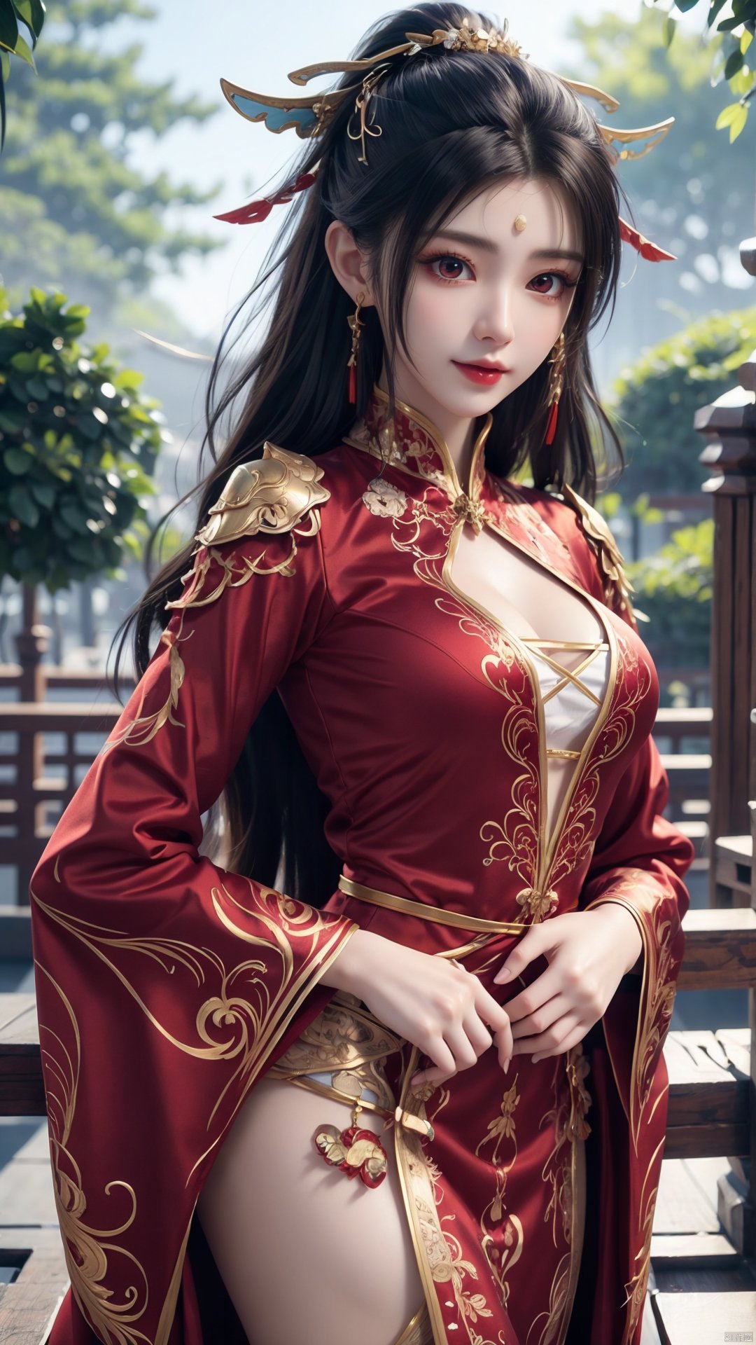 1girl, red dress, solo, hair ornament, black hair, chinese clothes, earrings, dress, jewelry, long sleeves, long hair, mischevious smile, perfect body, scenery, sharp focus, best quality, masterpiece, detailed outfit, illustration, perfect eyes, finely detailed beautiful anime eyes, realistic skin, intricate details, best lighting, depth of field, ultra high resolution,cowboy_shot, dynamic pose, dynamic angle,