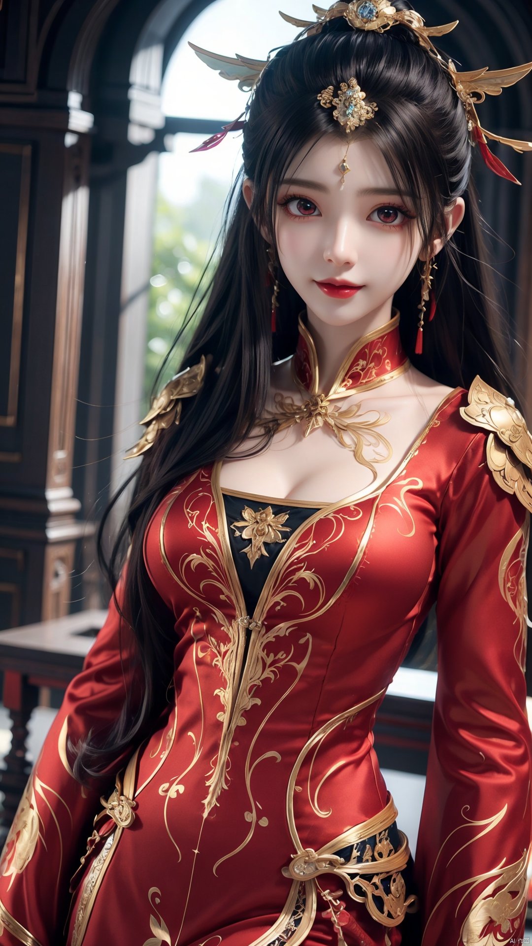 1girl, red dress, solo, hair ornament, black hair, chinese clothes, earrings, dress, jewelry, long sleeves, long hair, mischevious smile, perfect body, scenery, sharp focus, best quality, masterpiece, detailed outfit, illustration, perfect eyes, finely detailed beautiful anime eyes, realistic skin, intricate details, best lighting, depth of field, ultra high resolution,cowboy_shot, dynamic pose, dynamic angle,