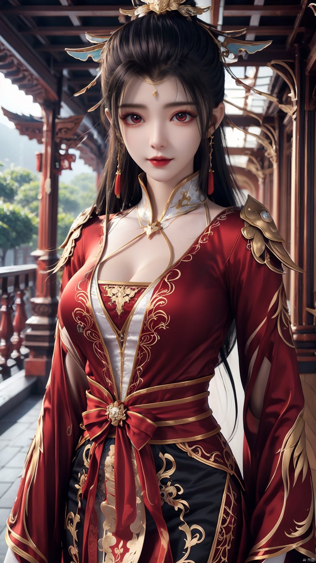 1girl, red dress, solo, hair ornament, black hair, chinese clothes, earrings, dress, jewelry, long sleeves, long hair, mischevious smile, perfect body, scenery, sharp focus, best quality, masterpiece, detailed outfit, illustration, perfect eyes, finely detailed beautiful anime eyes, realistic skin, intricate details, best lighting, depth of field, ultra high resolution,cowboy_shot, dynamic pose, dynamic angle,