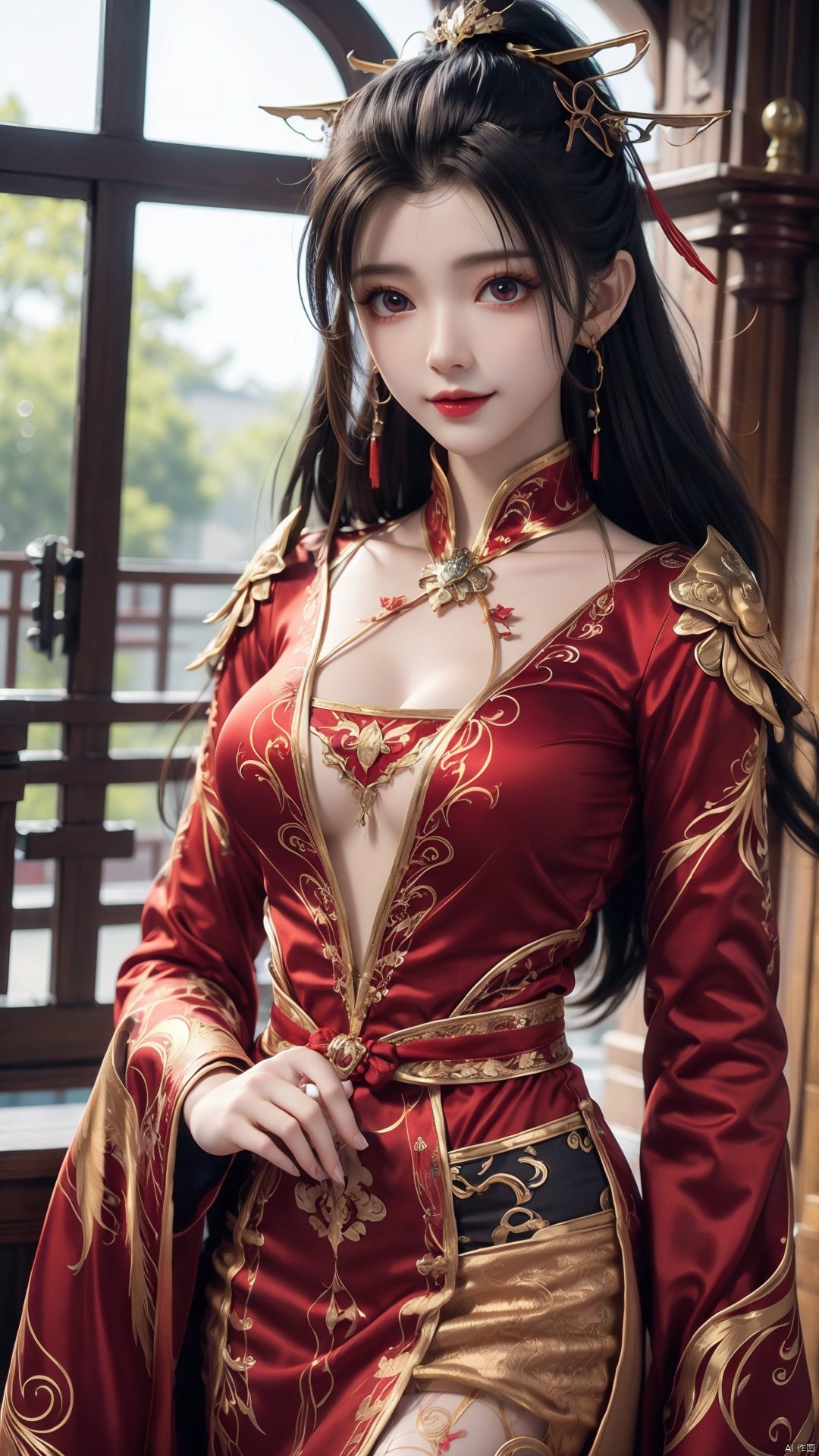 1girl, red dress, solo, hair ornament, black hair, chinese clothes, earrings, dress, jewelry, long sleeves, long hair, mischevious smile, perfect body, scenery, sharp focus, best quality, masterpiece, detailed outfit, illustration, perfect eyes, finely detailed beautiful anime eyes, realistic skin, intricate details, best lighting, depth of field, ultra high resolution,cowboy_shot, dynamic pose, dynamic angle,