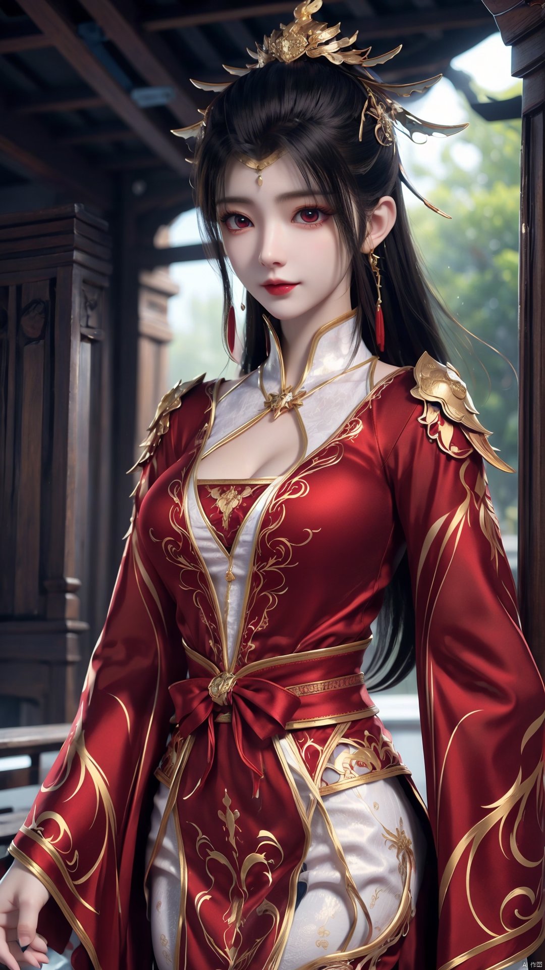 1girl, red dress, solo, hair ornament, black hair, chinese clothes, earrings, dress, jewelry, long sleeves, long hair, mischevious smile, perfect body, scenery, sharp focus, best quality, masterpiece, detailed outfit, illustration, perfect eyes, finely detailed beautiful anime eyes, realistic skin, intricate details, best lighting, depth of field, ultra high resolution,cowboy_shot, dynamic pose, dynamic angle,