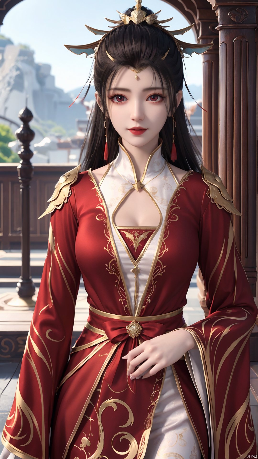 1girl, red dress, solo, hair ornament, black hair, chinese clothes, earrings, dress, jewelry, long sleeves, long hair, mischevious smile, perfect body, scenery, sharp focus, best quality, masterpiece, detailed outfit, illustration, perfect eyes, finely detailed beautiful anime eyes, realistic skin, intricate details, best lighting, depth of field, ultra high resolution,cowboy_shot, dynamic pose, dynamic angle,