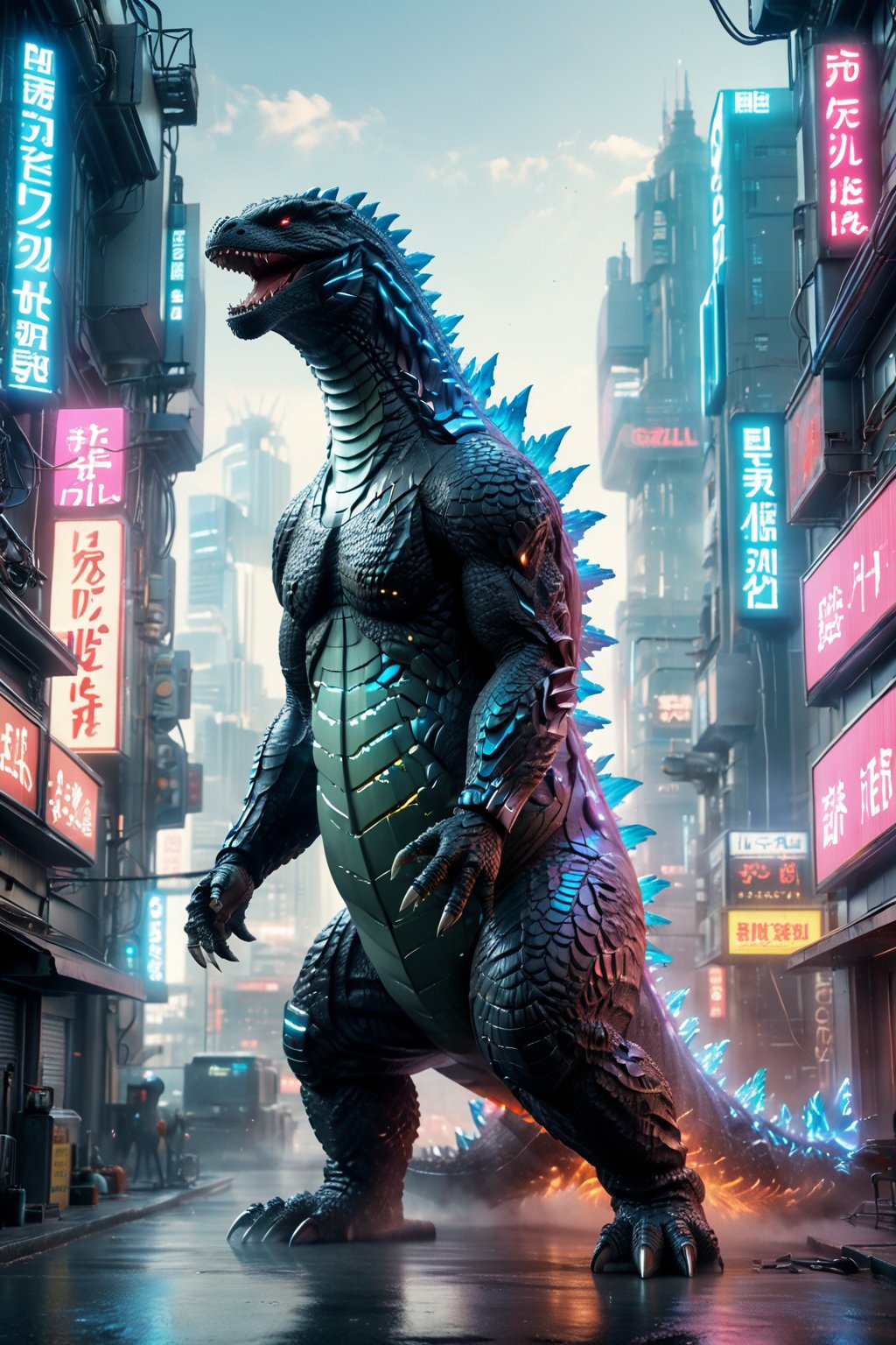 score_9, score_8_up, score_7_up, score_6_up, score_5_up, score_4_up, 
Godzilla, full body, Cyberpunk style, facing the viewer, Godzilla tail, roar, laser, daytime.,Doton,Cyberpunk