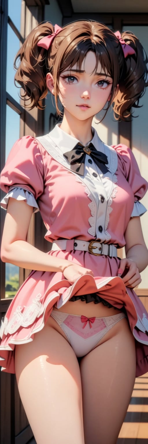 ((masterpiece, best quality, hyper detailed, insanely detailed, exquisite, beautiful, 8K)), ((uncensored)), (more_details), (sharpen:1.2), (((bright interior:1.4))), detailed_clothes, (((cowboy shot))), 1girl, alone:1.2, 
brown hair, short hair, twintail, short twintail, black eyes, middle breasts, pink dress, middle skirt dress, white belt, puffy short sleeves, open legs, self lift clothes, show panties, bow panties, ultra detailed panties,