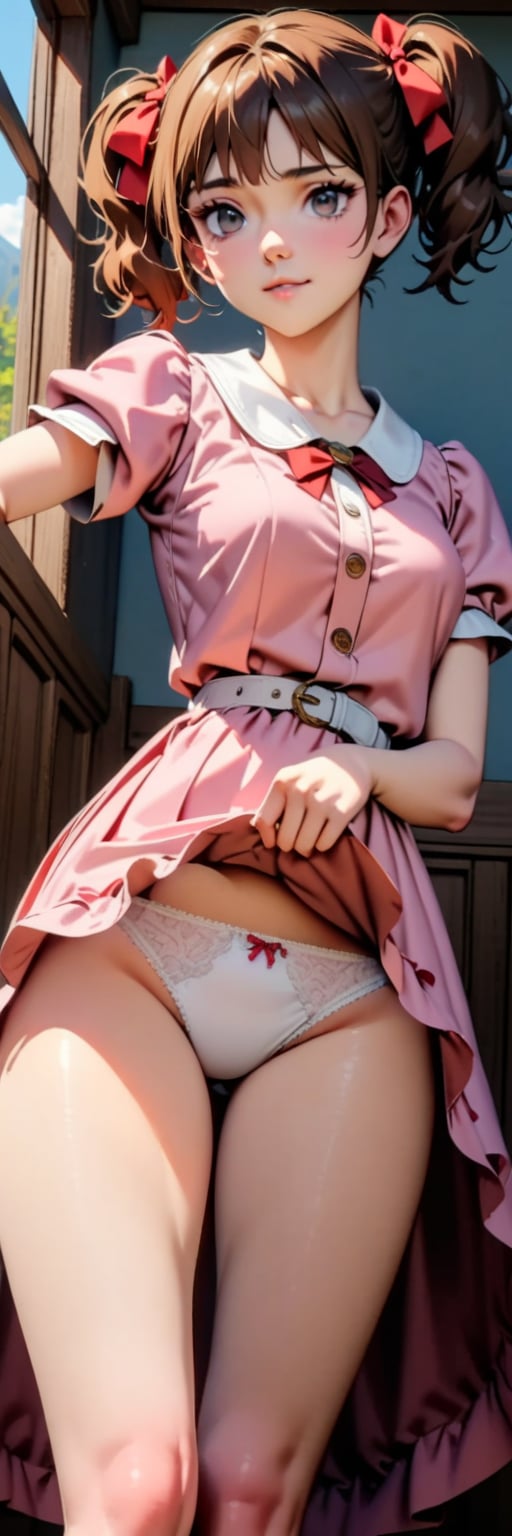 ((masterpiece, best quality, hyper detailed, insanely detailed, exquisite, beautiful, 8K)), ((uncensored)), (more_details), (sharpen:1.2), (((bright interior:1.4))), detailed_clothes, (((cowboy shot))), 1girl, alone:1.2, 
brown hair, short hair, twintail, short twintail, black eyes, red hair ribbon, middle breasts, pink dress, long skirt dress, no slit dress, 
 white belt, puffy short sleeves, open legs, self lift clothes, show panties, white panties, bow panties, ultra detailed panties,