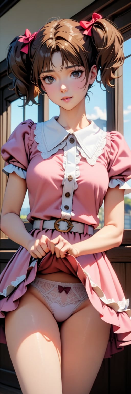 ((masterpiece, best quality, hyper detailed, insanely detailed, exquisite, beautiful, 8K)), ((uncensored)), (more_details), (sharpen:1.2), (((bright interior:1.4))), detailed_clothes, (((cowboy shot))), 1girl, alone:1.2, 
brown hair, short hair, twintail, short twintail, black eyes, middle breasts, pink dress, middle skirt dress, white belt, puffy short sleeves, open legs, self lift clothes, show panties, bow panties, ultra detailed panties,