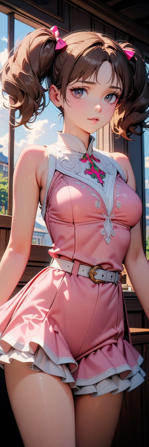 ((masterpiece, best quality, hyper detailed, insanely detailed, exquisite, beautiful, 8K)), ((uncensored)), (more_details), (sharpen:1.2), (((bright interior:1.4))), detailed_clothes, (((cowboy shot))), 1girl, alone:1.2, 
brown hair, short hair, twintail, short twintail, black eyes, middle breasts, pink clothes, white belt,