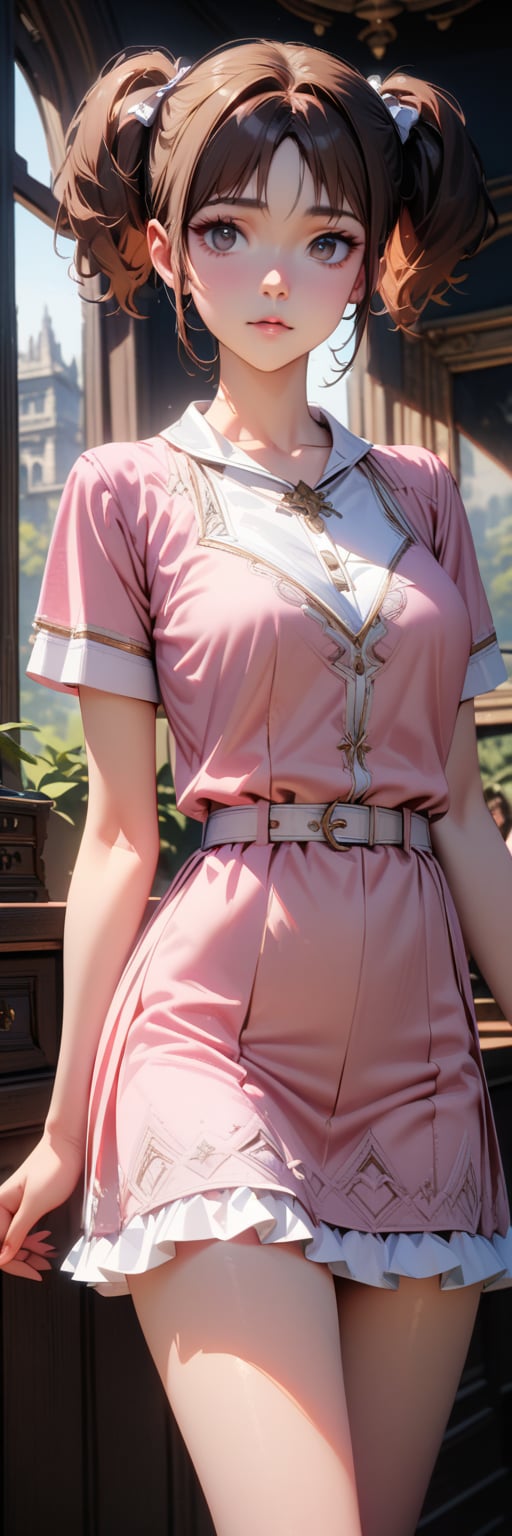 ((masterpiece, best quality, hyper detailed, insanely detailed, exquisite, beautiful, 8K)), ((uncensored)), (more_details), (sharpen:1.2), (((bright interior:1.4))), detailed_clothes, (((cowboy shot))), 1girl, alone:1.2, 
brown hair, short hair, twintail, short twintail, black eyes, middle breasts, pink dress, white belt, short sleeves,