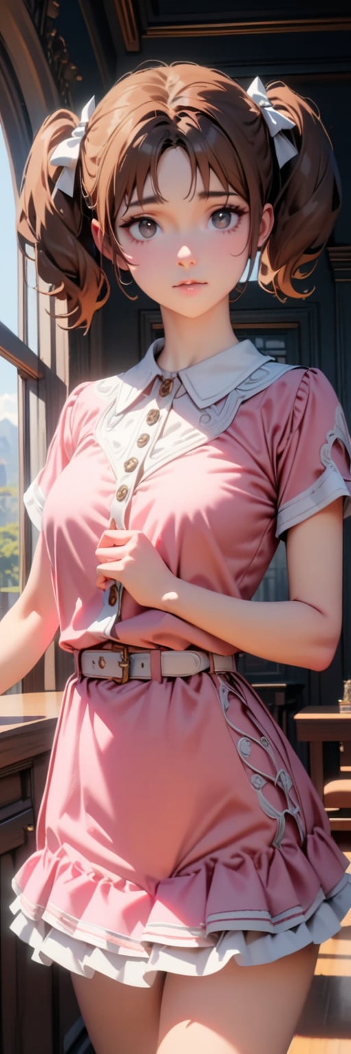 ((masterpiece, best quality, hyper detailed, insanely detailed, exquisite, beautiful, 8K)), ((uncensored)), (more_details), (sharpen:1.2), (((bright interior:1.4))), detailed_clothes, (((cowboy shot))), 1girl, alone:1.2, 
brown hair, short hair, twintail, short twintail, black eyes, middle breasts, pink dress, white belt, short sleeves,