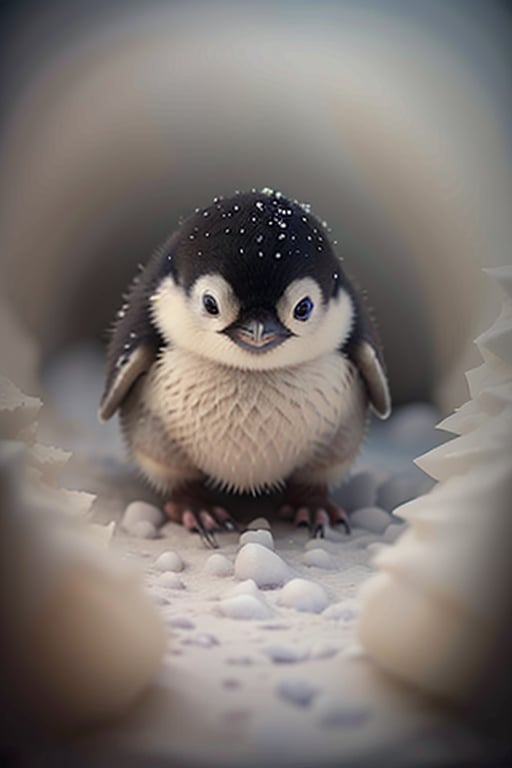 (best quality, 8K, ultra-detailed, masterpiece), (macro photography, close-up shot), Capture the beauty of nature in an 8K masterpiece. Focus on a mesmerizing close-up shot of a penguin. This image should transport the viewer into the world of the tiny, creating a stunning and ultra-detailed portrayal of this delicate moment in nature. snow, winter. big head, small body, cute, adorable. 