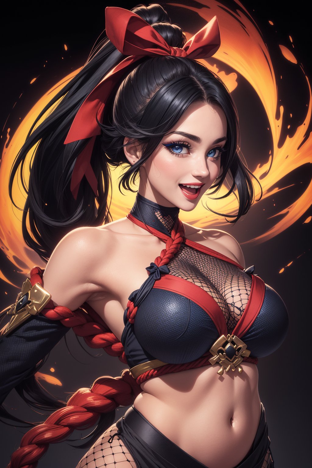 1girl, (masterpiece, best quality, ultra-detailed, 8K), ((black background)), vibrant colors,(, black_hair, high_ponytail, long_hair, hair_ribbon,),(big_breast, big_ass; thick, thicc, tight, narrow_waist,) (, blue_eyes, makeup, ), big breasts, ( japanese clothes, kimono, detached_sleeves, bare_shoulders, fishnets,), ((abstract background)) , laughing, :d, ((half_body_portrait, head and stomach portrait, face_forward,)), looking_at_viewer,High detailed,ScarletFlower, obi rope, shoulder_armor, 