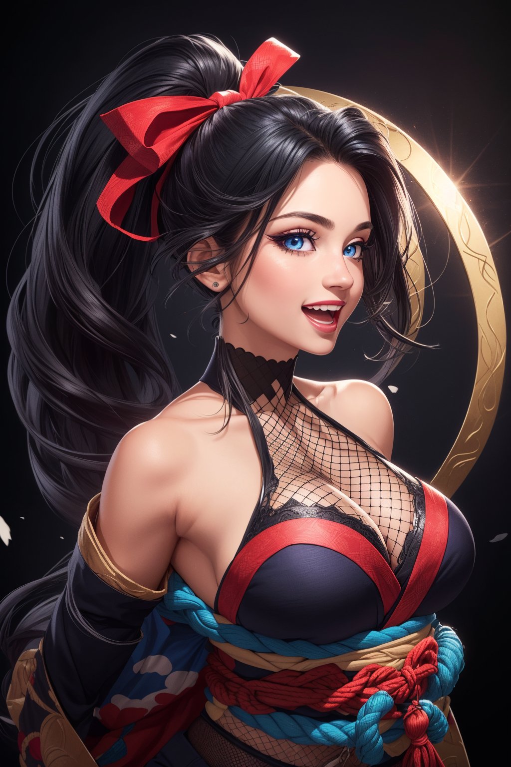 1girl, (masterpiece, best quality, ultra-detailed, 8K), ((black background)), vibrant colors,(, black_hair, high_ponytail, long_hair, hair_ribbon,),(big_breast, big_ass; thick, thicc, tight, narrow_waist,) (, blue_eyes, makeup, ), big breasts, ( japanese clothes, kimono, detached_sleeves, bare_shoulders, fishnets,), ((abstract background)) , laughing, :d, ((half_body_portrait, head and stomach portrait, face_forward,)), looking_at_viewer,High detailed,ScarletFlower, obi rope, shoulder_armor, 