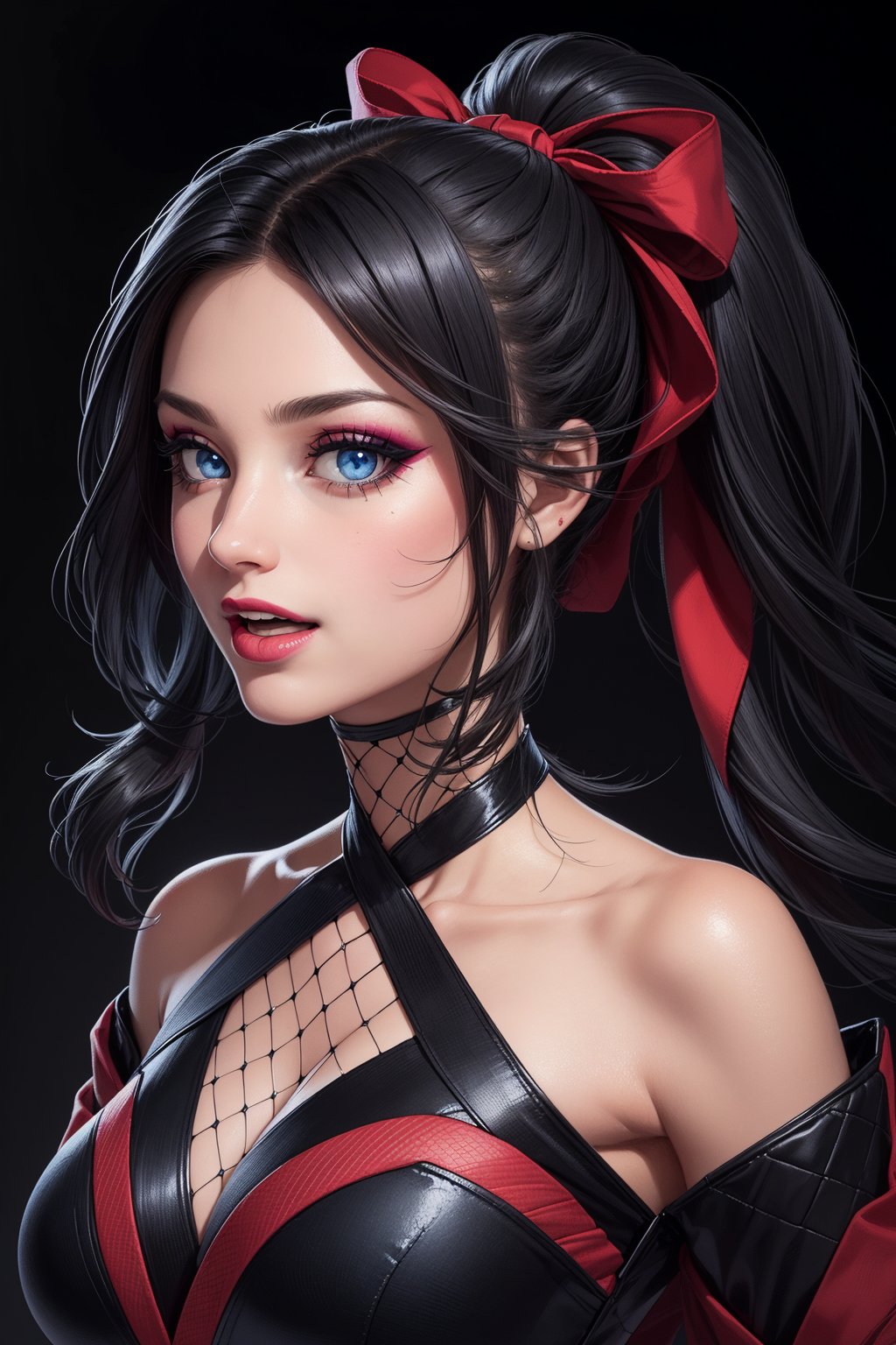 1girl, (masterpiece, best quality, ultra-detailed, 8K), ((black background)), vibrant colors,(, black_hair, high_ponytail, hair_ribbon,) (, blue_eyes, makeup, goth makeup, ), big breasts, ( japanese clothes, kimono, bare_shoulders, fishnets,), ((abstract background)) , laughing, :d, ((half_body_portrait, head and stomach portrait, face_forward,)), looking_at_viewer,High detailed,ScarletFlower