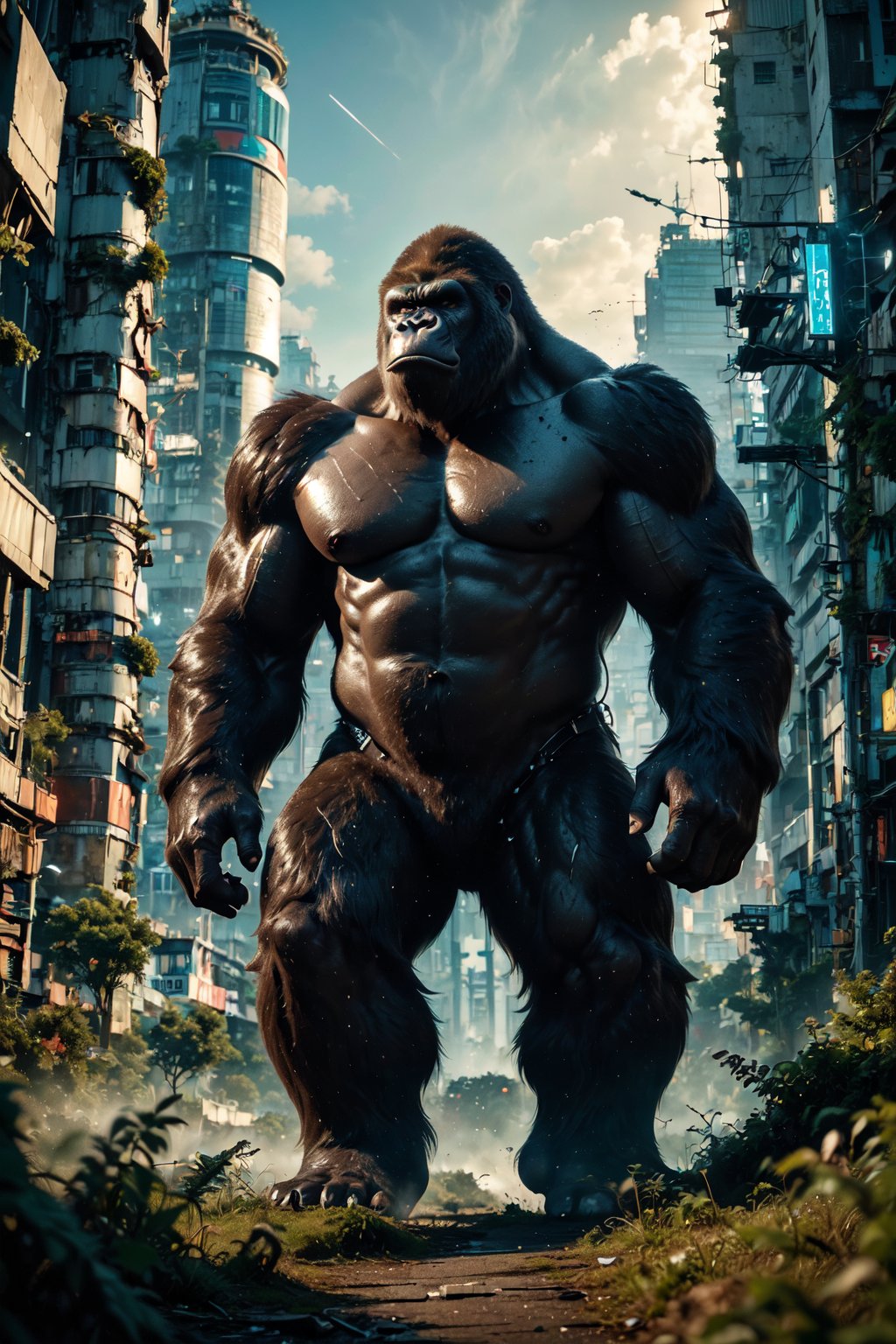 (Masterpiece:1.5), (Best quality:1.5), Cyberpunk style, full body, A towering King Kong, amidst a ruined city, bellows in fury. The massive creature, its fur a shimmering silver, muscles rippling beneath its majestic form, stands as a symbol of primal power and untamed beauty. This remarkable image is a digitally enhanced photograph, capturing every intricate detail with stunning clarity and depth. The backdrop of crumbling buildings and twisted metal only serves to enhance the gorilla's imposing presence, making it a truly unforgettable sight. With each pixel meticulously crafted, this image exudes a sense of awe and wonder, leaving viewers breathless in the face of such magnificence, King Kong,Magic Forest