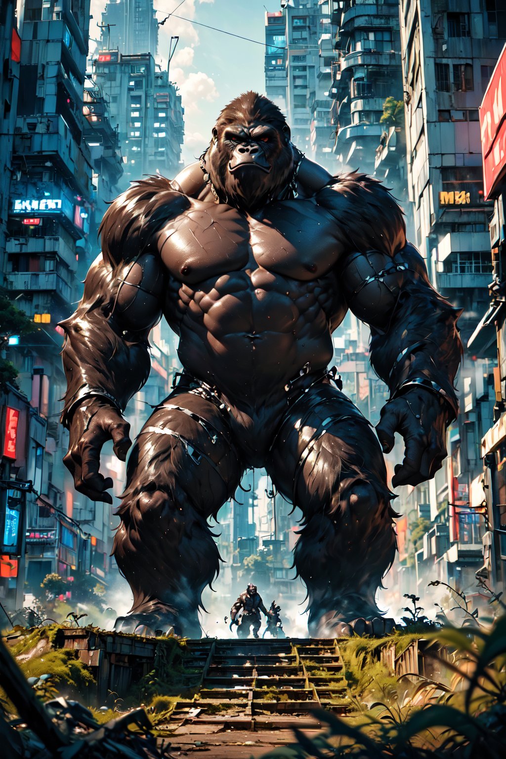 (Masterpiece:1.5), (Best quality:1.5), Cyberpunk style, full body, A towering King Kong, amidst a ruined city, bellows in fury. The massive creature, its fur a shimmering silver, muscles rippling beneath its majestic form, stands as a symbol of primal power and untamed beauty. This remarkable image is a digitally enhanced photograph, capturing every intricate detail with stunning clarity and depth. The backdrop of crumbling buildings and twisted metal only serves to enhance the gorilla's imposing presence, making it a truly unforgettable sight. With each pixel meticulously crafted, this image exudes a sense of awe and wonder, leaving viewers breathless in the face of such magnificence, King Kong, Magic Forest