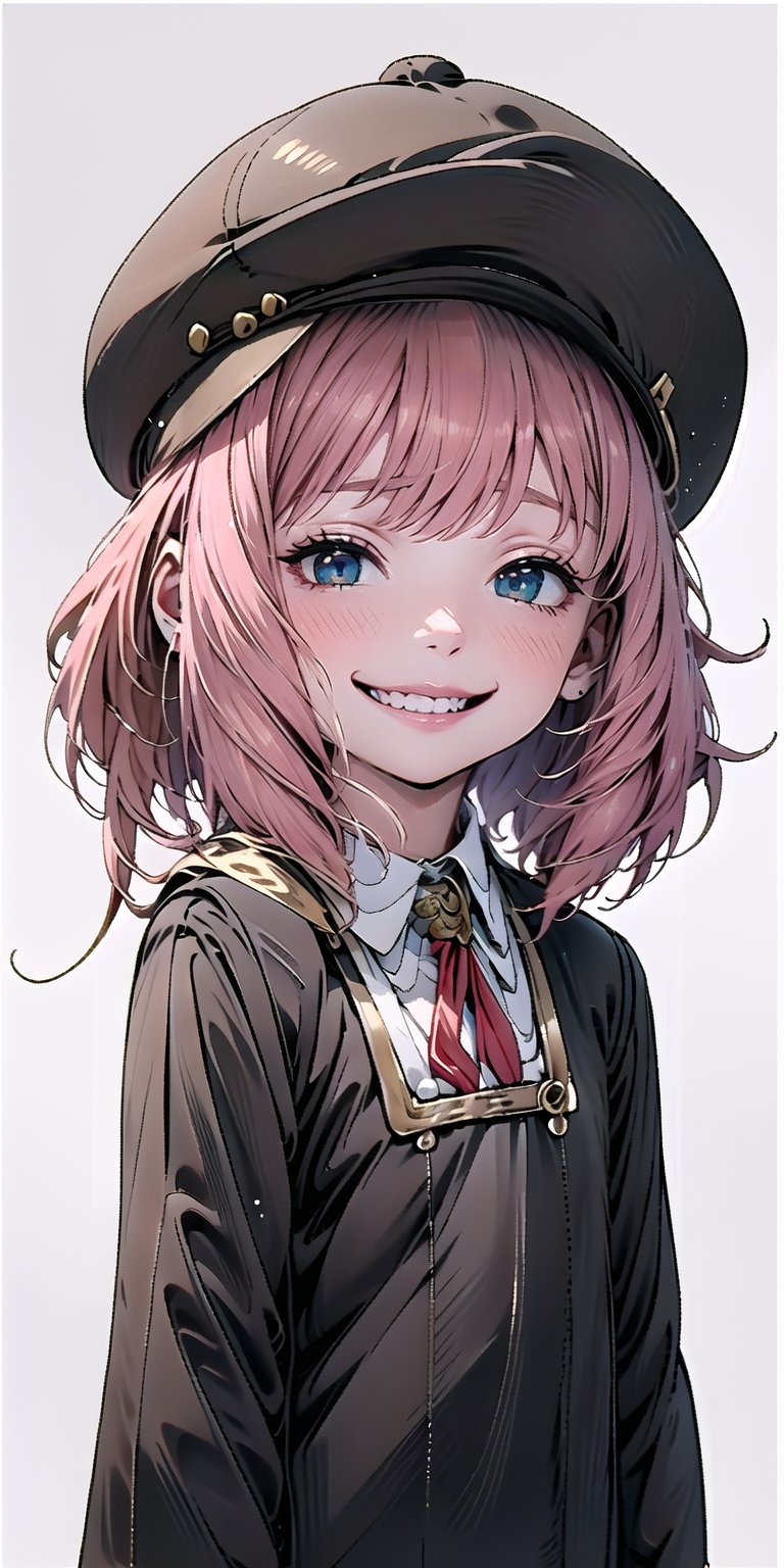 1girl, solo, looking at viewer, blush, smile, bangs, simple background, shirt, hat, white background, school uniform, white shirt, upper body, collared shirt, signature, medium hair, grin, black dress, red ribbon, half-closed eyes, child, meme, smug, eden academy school uniform