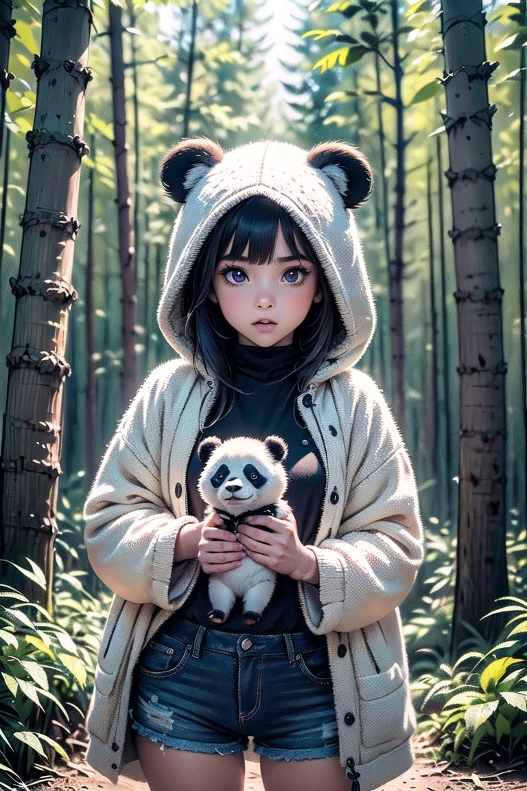 best quality, masterpiece, beautiful and aesthetic, vibrant color, Exquisite details and textures, Warm tone, ultra realistic illustration, (cute Latino girl, 8year old:1.5), (Forest theme:1.4), cute eyes, big eyes, (a surprised look:1.3), cinematic lighting, ambient lighting, sidelighting, cinematic shot, siena natural ratio, children's body, anime style, head to thigh portrait, long Straight blonde hair with blunt bangs, a Panda hood, holding a doll, shorts, white turtleneck, ultra hd, realistic, vivid colors, highly detailed, UHD drawing, perfect composition, beautiful detailed intricate insanely detailed octane render trending on artstation, 8k artistic photography, photorealistic concept art, soft natural volumetric cinematic perfect light. ,glass
