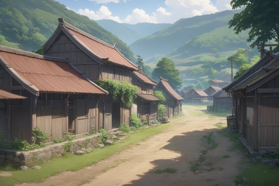 makoto,village scene,abandoned village,no humans,beautiful village,(masterpiece,bestquality:1.3),highes:1.3