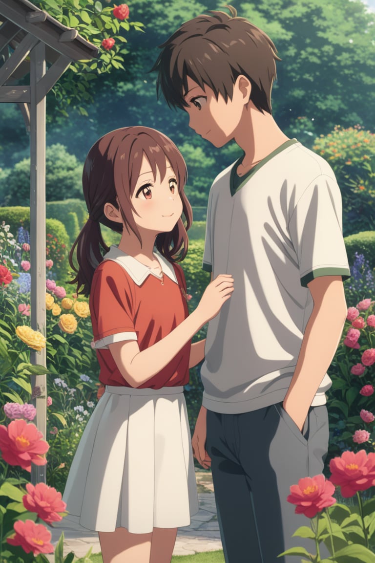 Makoto,2people,children,underage,looking each other,1boy,1girl,playing,garden,beautiful garden,flowers,scenery,cute,(masterpiece,best quality,highres),detailed face,casual clothes,