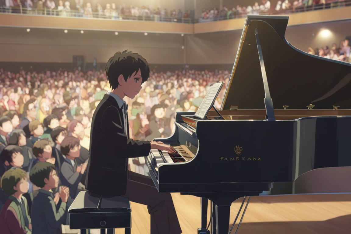 makoto,1boy,playing_instrument,piano,melodius,music,auditorium,indoors,crowd cheering,sideview,(masterpiece,best quality:1.3),detailed:1.3,more detail XL