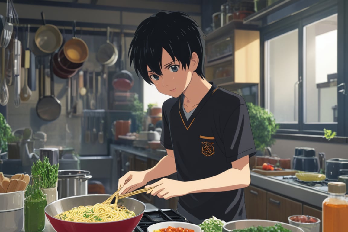makoto,1boy,cooking,food,noodles,kitchen,kitchen_utensils,black_hair,,indoors,intricate details,casual clothing,(masterpiece,best quality:1.3),detailed:1.3,more detail XL