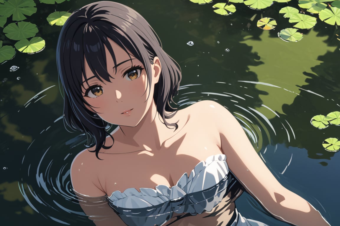 makoto,1girl,solo_female,black_hair,solo_focus,half_submerged in pond,reflection,pond reflection,looking at viewer,dress,(masterpiece,best quality:1.3),detailed:1.3,more detail XL