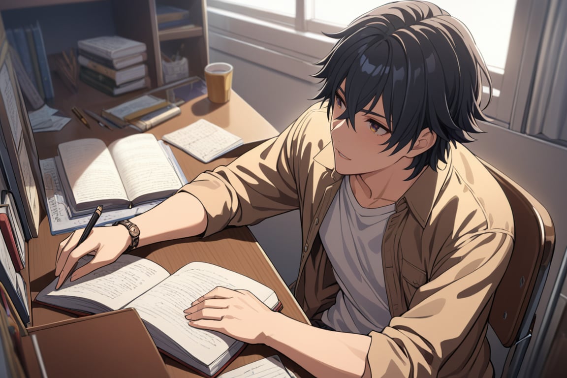 makoto,1boy,studying,black_hair,focused_on_studying,sitting_on_chair,study_desk,indoors,intricate details,casual clothing,(masterpiece,best quality:1.3),detailed:1.3,more detail XL