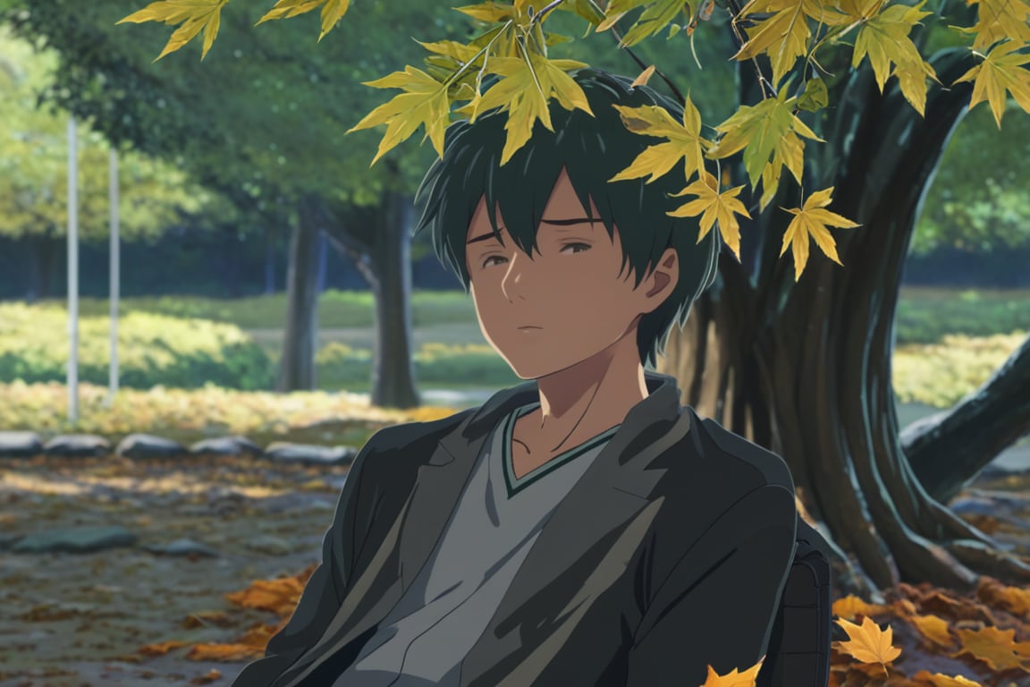 makoto,1boy,windy,air_flowing,windy,fall_leaves,sitting_under_tree,solo,male_focus,eyes_closed,napping,(masterpiece,best quality:1.3),detailed:1.3,more detail XL