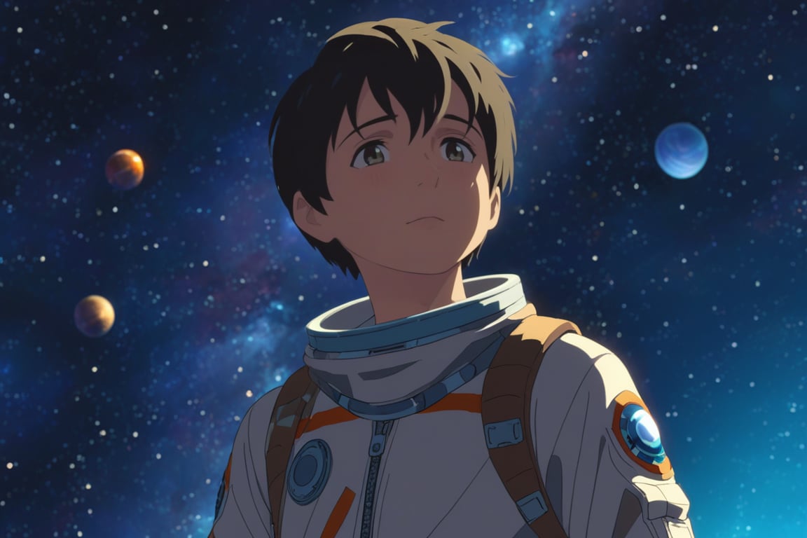 makoto,1boy,astronaut,outer_space,galaxy,planets,stars,(masterpiece,best quality:1.3),detailed:1.3,more detail XL