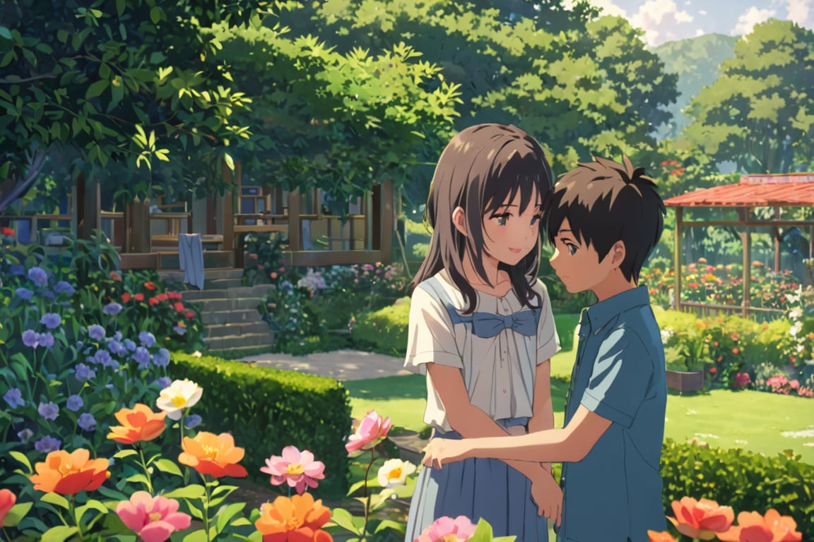 Makoto,2people,children,underage,looking each other,1boy,1girl,playing,garden,beautiful garden,flowers,scenery,cute,(masterpiece,best quality,highres),detailed face,casual clothes,