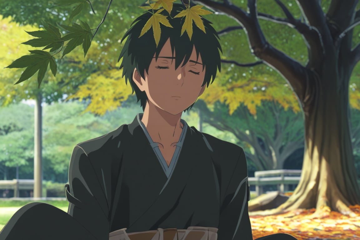 makoto,1boy,windy,air_flowing,windy,fall_leaves,sitting_under_tree,solo,male_focus,eyes_closed,napping,(masterpiece,best quality:1.3),detailed:1.3,more detail XL