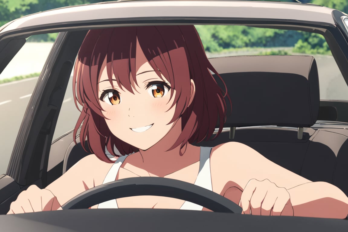 Makoto,1girl,solo_female, driving a car,dress,smiling,