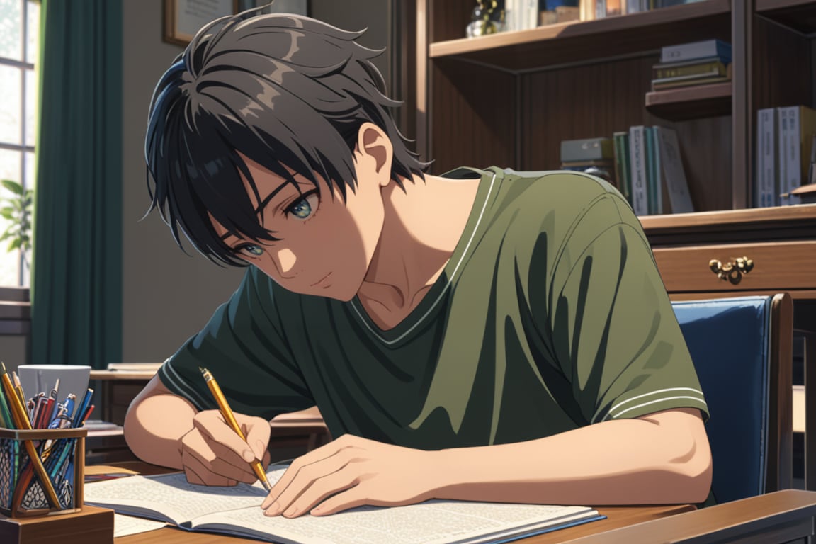 makoto,1boy,studying,black_hair,focused_on_studying,sitting_on_chair,study_desk,indoors,intricate details,casual clothing,(masterpiece,best quality:1.3),detailed:1.3,more detail XL