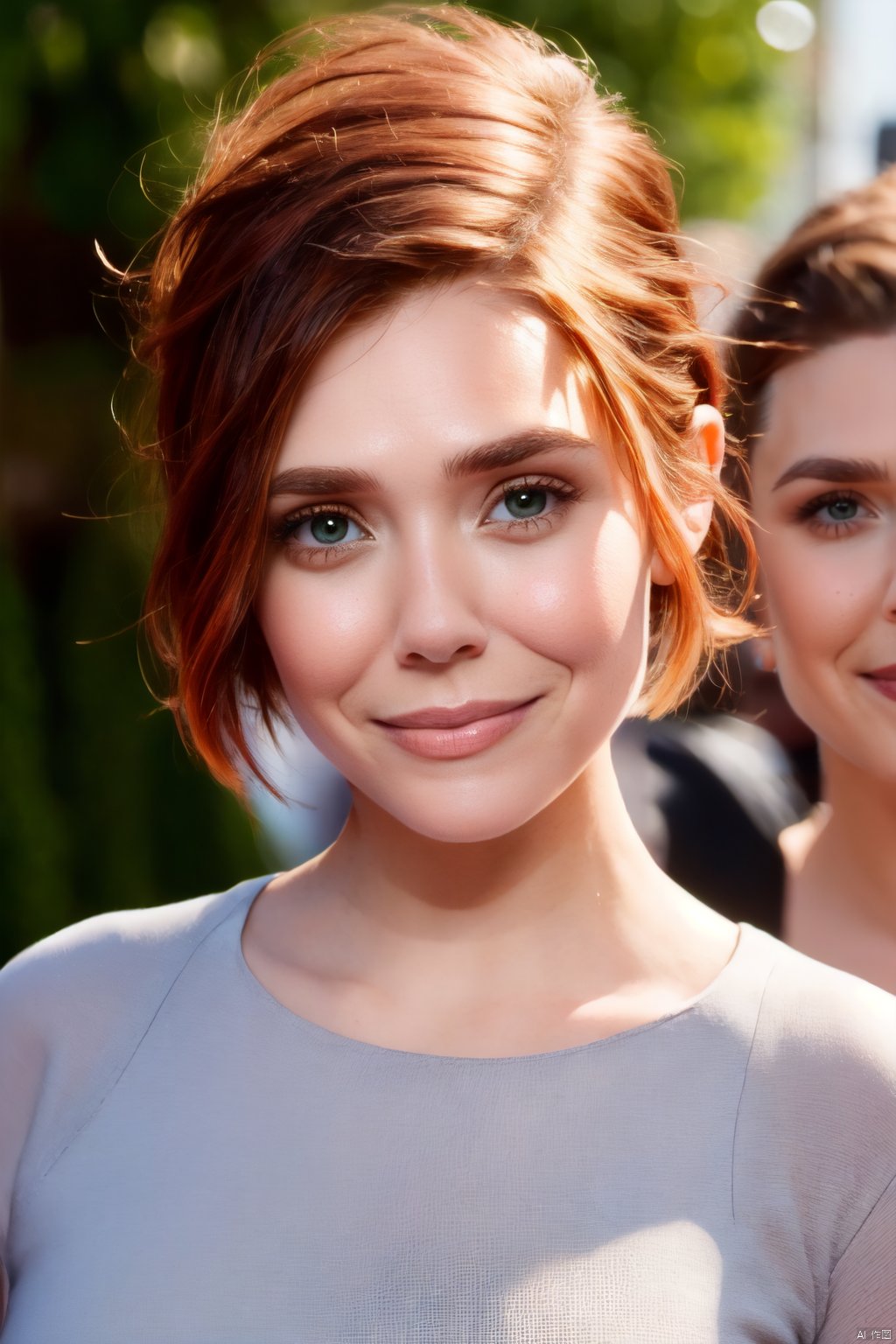  cute redhead woman with asymmetrical pixie hair cut, smile, adorable, Elizabeth Olsen XELIZA