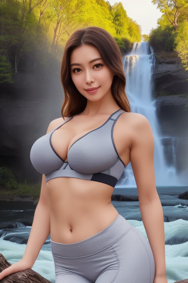 1girl, realistic photo of a 25 years old, (sport bra, sport shorts), (medium breasts:1.4), happy expression, (dynamic pose:1.3), (perfect anatomy, flawless face, perfect eyes, expresive eyes, perfect female body, narrow waist, very attractive beauty), (8K, ultra-detailed, masterpiece, best quality, detailed, sharp focus, detailed face, face focus focus, realisitic,Photorealsitic, Highest Detail Face) , (medium shot:1.3), (look at viewer:1.3), look closely at the viewer, (natural lighting:1.4), (professional lighting), (warm color), (waterfall, tree, river, simple background:1.4), (Safe for work:1.3),mio