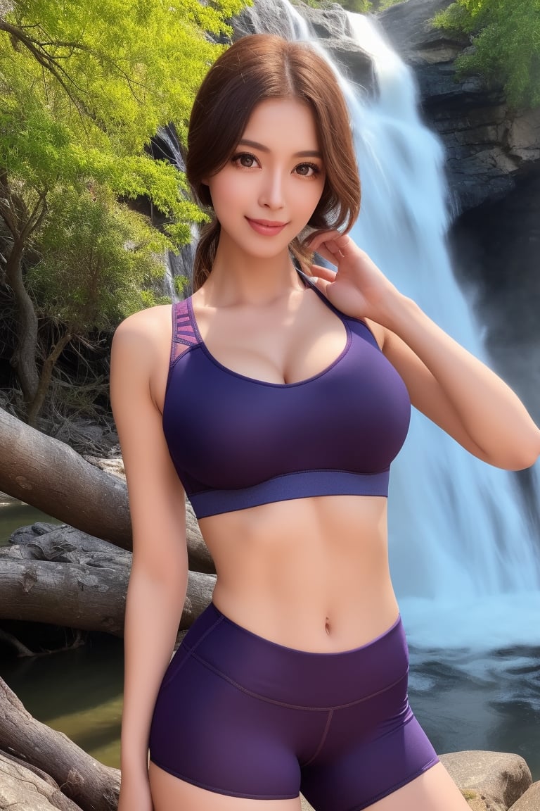 1girl, realistic photo of a 25 years old, (sport bra, sport shorts), (medium breasts:1.4), happy expression, (dynamic pose:1.3), (perfect anatomy, flawless face, perfect eyes, expresive eyes, perfect female body, narrow waist, very attractive beauty), (8K, ultra-detailed, masterpiece, best quality, detailed, sharp focus, detailed face, face focus focus, realisitic,Photorealsitic, Highest Detail Face) , (medium shot:1.3), (look at viewer:1.3), look closely at the viewer, (natural lighting:1.4), (professional lighting), (warm color), (waterfall, tree, river, simple background:1.4), (Safe for work:1.3),mio