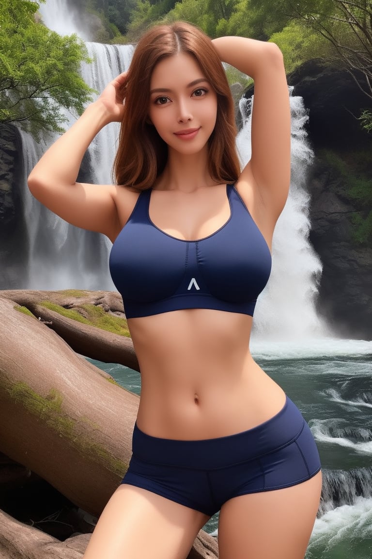 1girl, realistic photo of a 25 years old, (sport bra, sport shorts), (medium breasts:1.4), happy expression, (dynamic pose:1.3), (perfect anatomy, flawless face, perfect eyes, expresive eyes, perfect female body, narrow waist, very attractive beauty), (8K, ultra-detailed, masterpiece, best quality, detailed, sharp focus, detailed face, face focus focus, realisitic,Photorealsitic, Highest Detail Face) , (medium shot:1.3), (look at viewer:1.3), look closely at the viewer, (natural lighting:1.4), (professional lighting), (warm color), (waterfall, tree, river, simple background:1.4), (Safe for work:1.3),mio