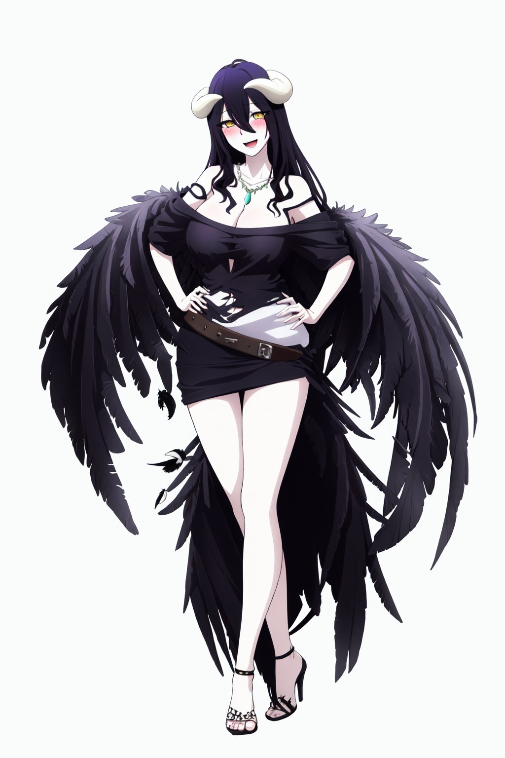 AlbedoSuccubus, 1girl, solo, long hair, breasts, looking at viewer, blush, smile, open mouth, skirt, large breasts, simple background, shirt, black hair, white background, cleavage, hair between eyes, bare shoulders, jewelry, very long hair, standing, full body, yellow eyes, big wings, horns, alternate costume, belt, necklace, off shoulder, high heels, sweater, demon girl, feathers, slit pupils, demon horns, feathered wings, black wings, off-shoulder shirt, low wings, black feathers, white horns, albedo \(overlord\), Image Repeat Times