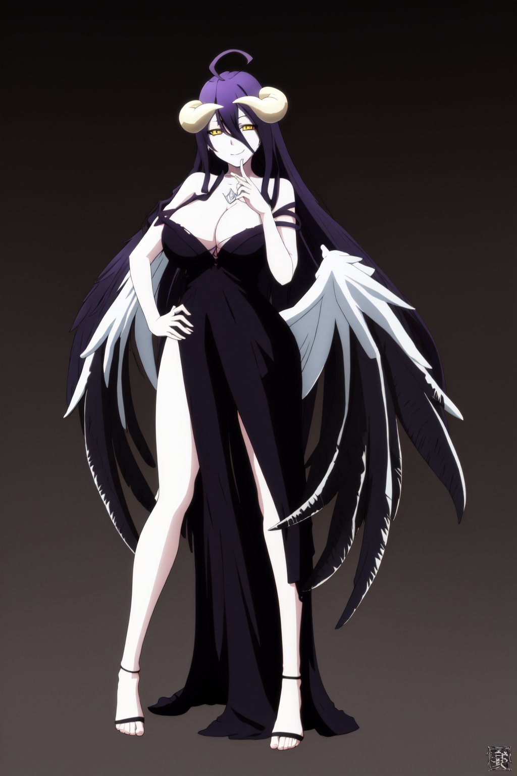 AlbedoSuccubus, 1girl, solo, long hair, breasts, looking at viewer, smile, large breasts, black hair, dress, cleavage, hair between eyes, very long hair, full body, yellow eyes, ahoge, big wings, long wings, horns, demon girl, feathers, demon horns, finger to mouth, albedo \(overlord\)