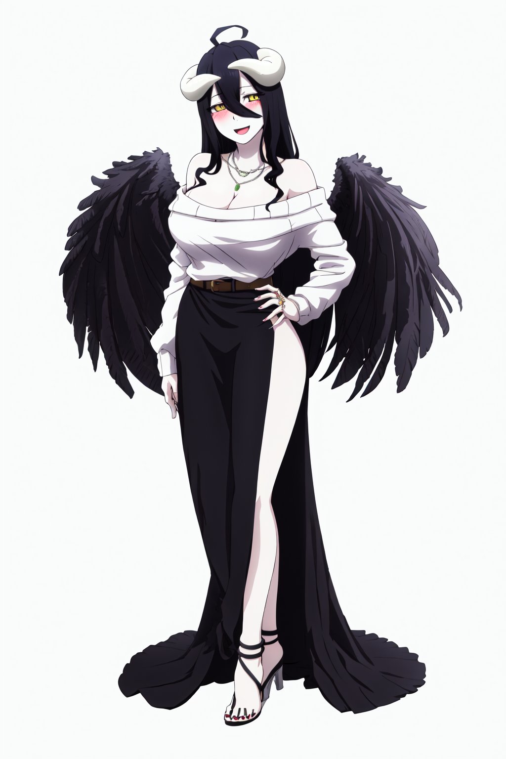 AlbedoSuccubus, 1girl, solo, long hair, breasts, looking at viewer, blush, smile, open mouth, skirt, large breasts, simple background, shirt, black hair, white background, cleavage, hair between eyes, bare shoulders, jewelry, very long hair, standing, full body, yellow eyes, wings, horns, alternate costume, belt, necklace, off shoulder, high heels, sweater, demon girl, feathers, slit pupils, demon horns, feathered wings, black wings, off-shoulder shirt, low wings, black feathers, white horns, albedo \(overlord\), Image Repeat Times