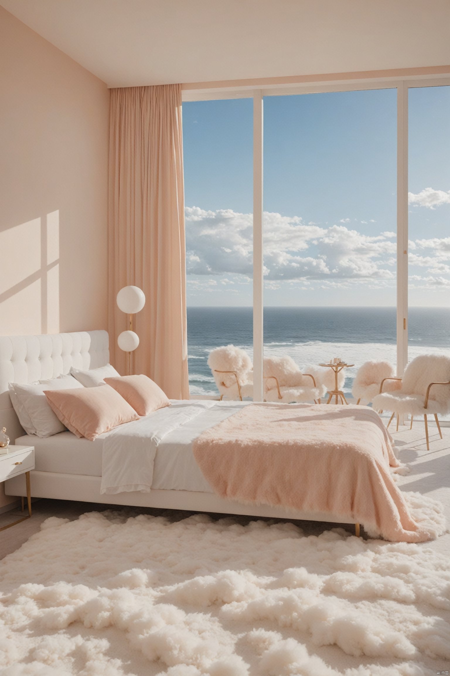  PeachFuzz\(hubg style)\,
a bedroom with fluffy white furniture and a large window overlooking the ocean and clouds in the sky
with a fluffy fluffy carpet