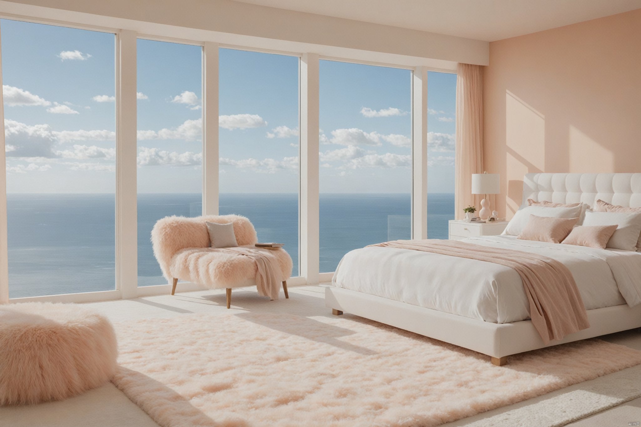  PeachFuzz\(hubg style)\,
a bedroom with fluffy white furniture and a large window overlooking the ocean and clouds in the sky
with a fluffy fluffy carpet