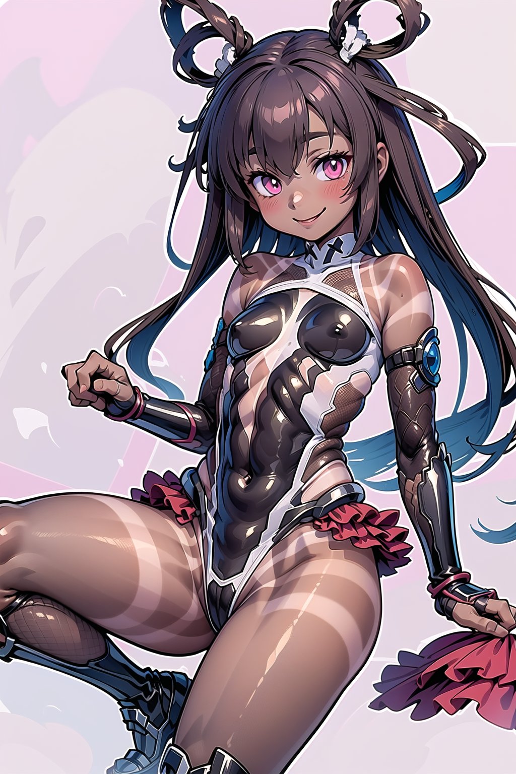 yukikaze, cute smile, brown skin, long hair, tanlines, elbow gloves, pink eyes, brown hair, 1 girl, solo, cute, ,taimanin bodysuit, frilled leotard, high boots, 