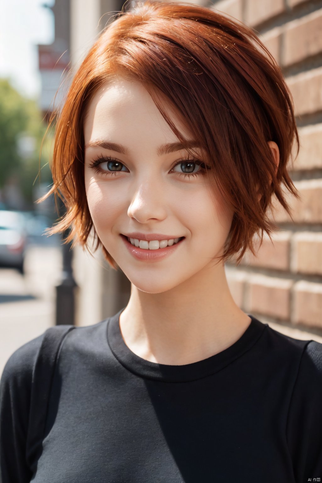 cute redhead woman with asymmetrical pixie hair cut, smile, adorable