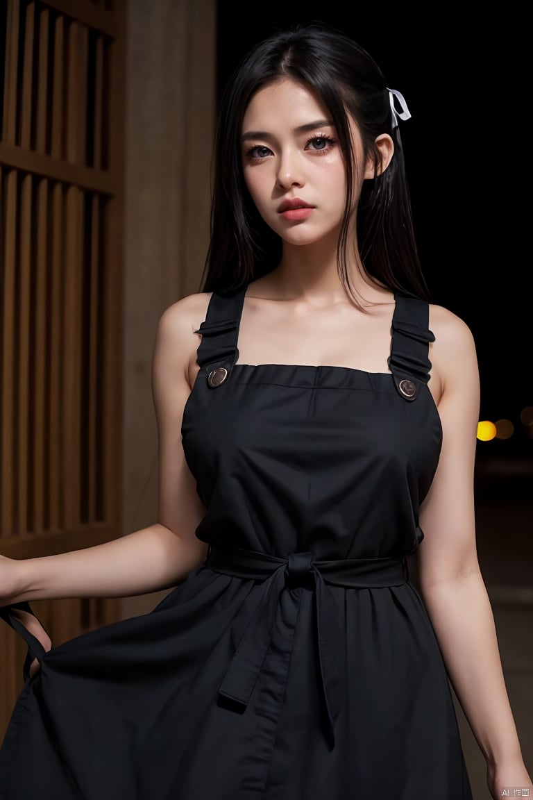 (dramatic lighting:1.2), 1girl, aged_up, solo, waist up, looking at viewer, yoru, scar on face, ringed eyes, black hair, long hair, ribbon, black ribbon, pinafore dress, black pinafore dress, black belt, , night, , upper-body, , film scene, manga, anime